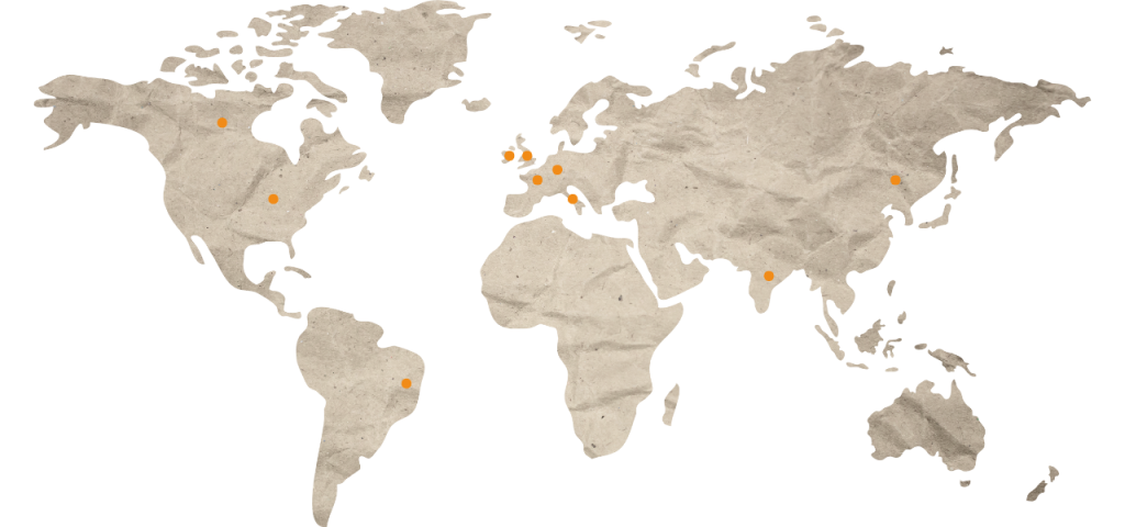 World Map graphic to show where Tennants Group operates- the UK and Ireland, as well as across Europe, North America and Asia. Customers in Brazil, Canada, China, France, Germany, India, Ireland, Italy, the USA and the UK